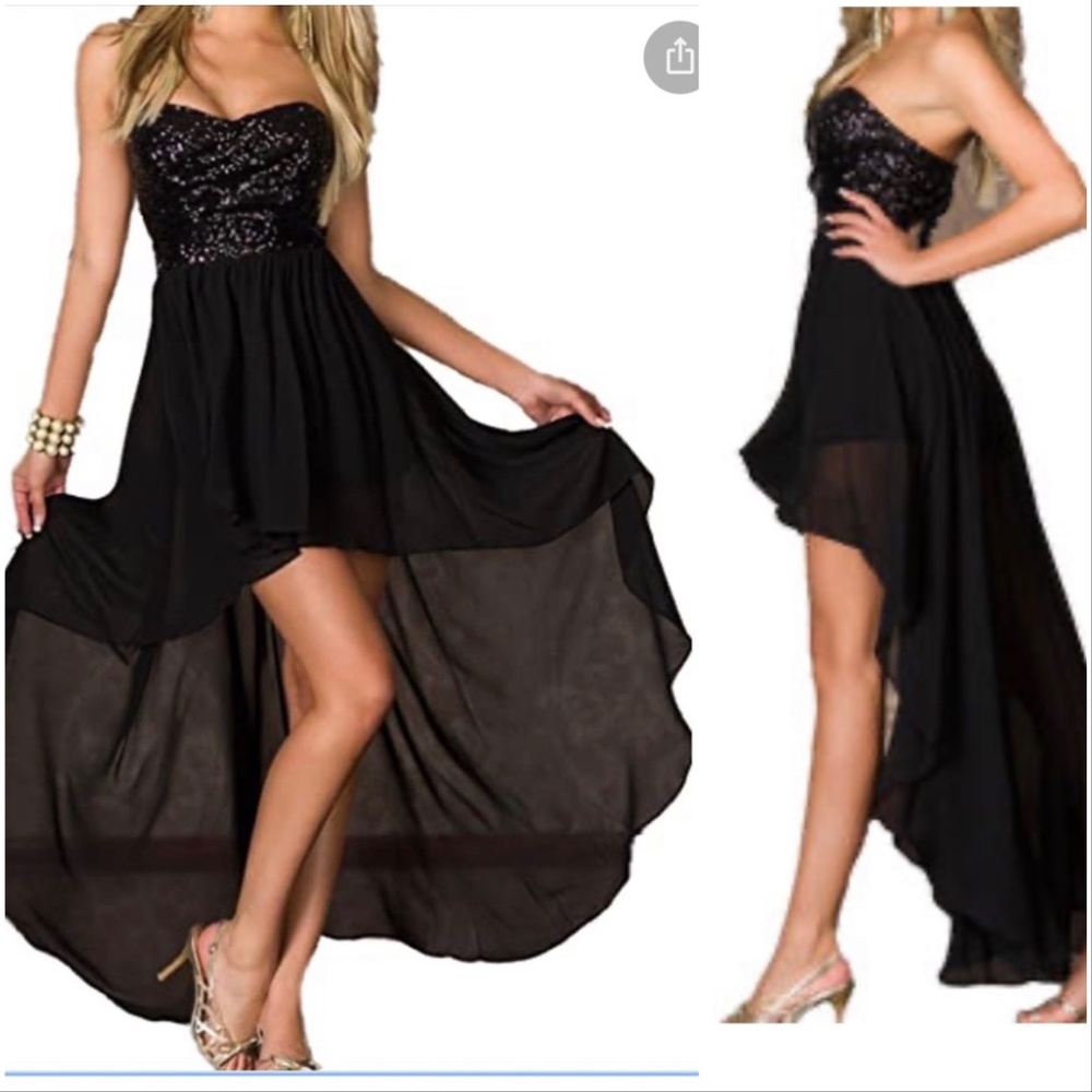Black chiffon hi-low with sequin bodice